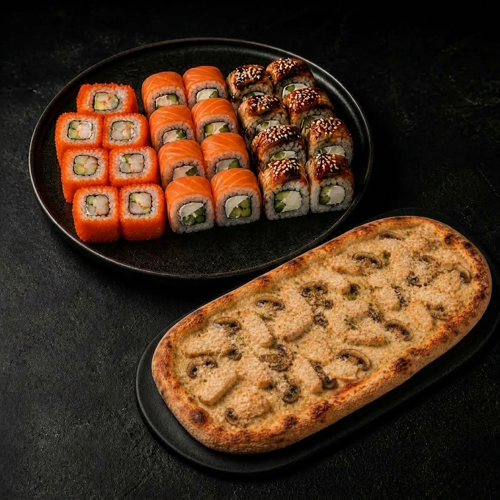Подача блюда «Сет трио + пицца Курица и грибы»